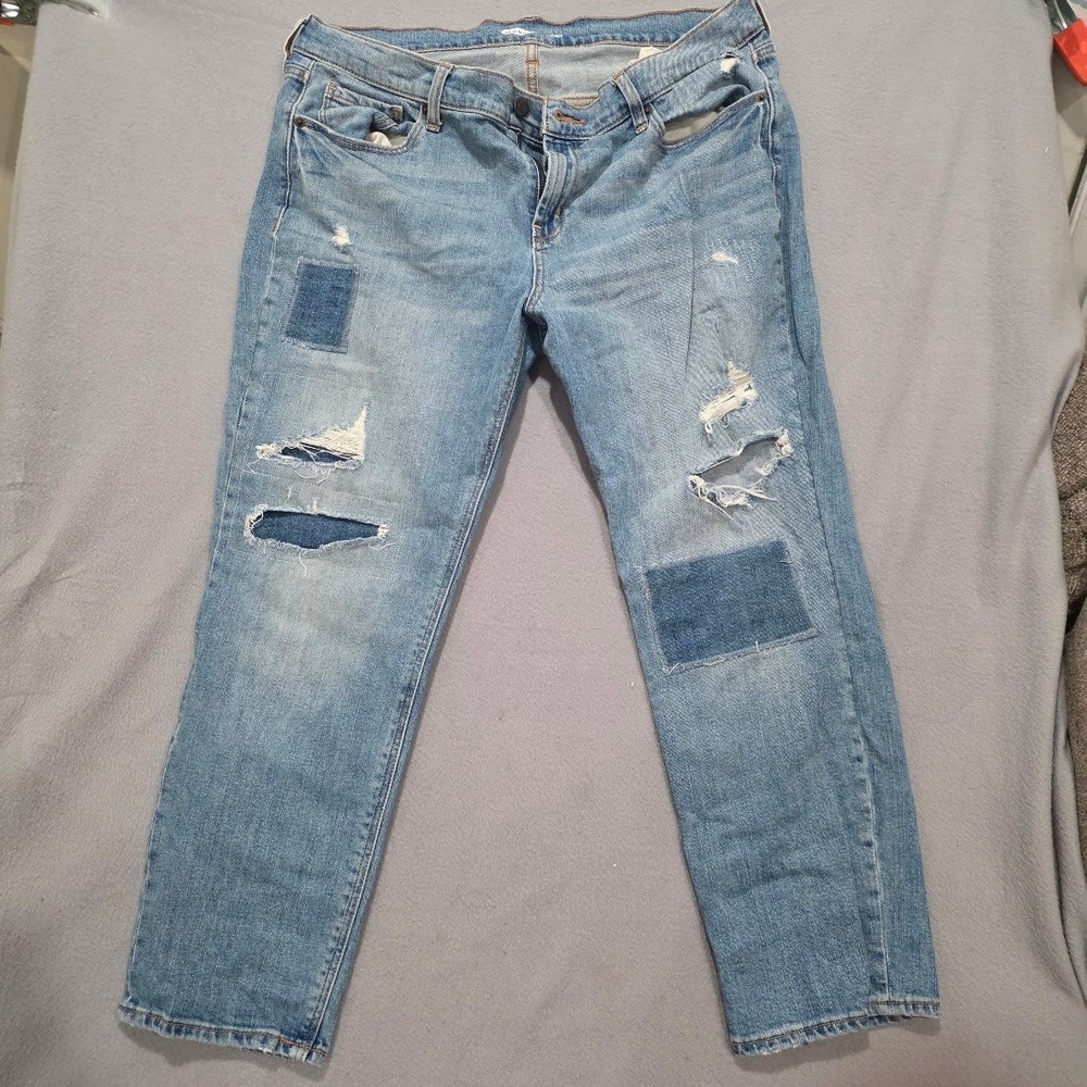 Old Navy Boyfriend Jeans Womens 12 Petite Light Wash Distressed Patchwork Denim